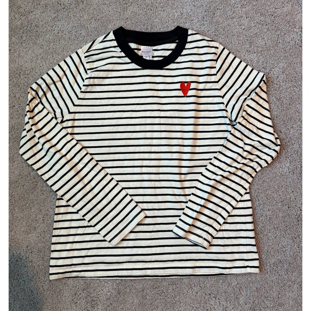 Hanna Andersson Black and White Striped Heart Embroidered Tee Women’s Medium